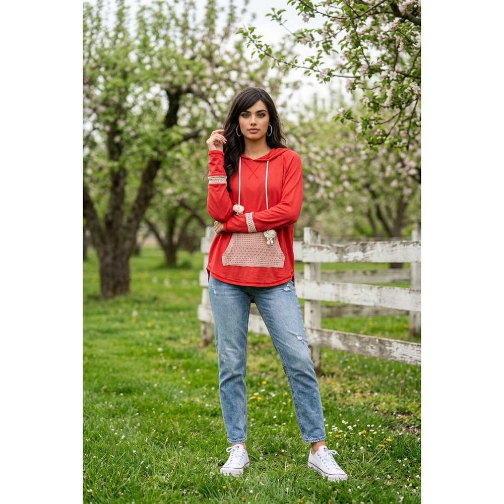 POL Red Thermal Knit Hoodie Crochet Pocket Pom Pom Drawstring Boho Top Large